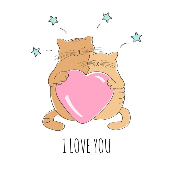 Roztomilé Kočky Lásce Velkým Srdcem Růžové — Stockový vektor