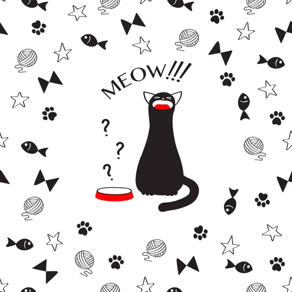 Wzór Cute Czarnego Kota Meow — Wektor stockowy