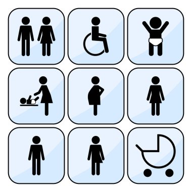 Tuvalet simgeler: dostum, kadın, tekerlekli sandalye kişi sembolü, Bebek değiştirme. İnsanlar simgesi 