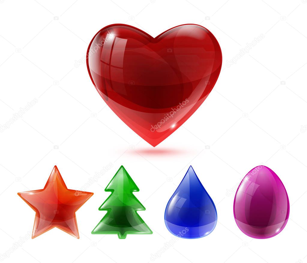 Set of various vector glass items - heart, star, christmas tree, water drop, egg