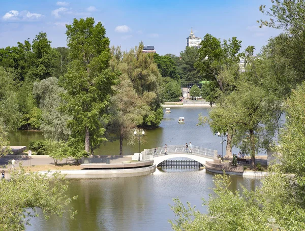 Moscow - May, 2019: Gorky park, bridge over the pond