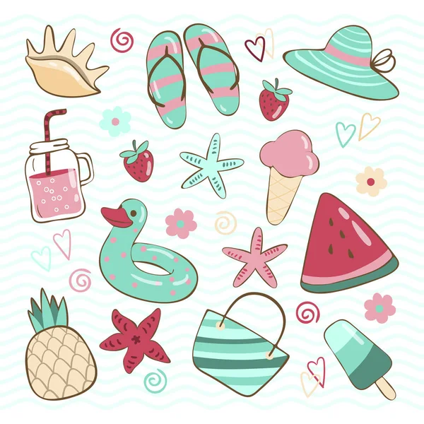 Summer set with hand drawn elements — Stock Vector