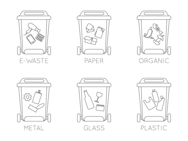 Farklı türde çöp ler için konteynerler. Kağıt ürünleri, e-atık, gıda atıkları, cam, kağıt ve plastik için çöp tenekeleri seti. Geri dönüşüm çöp. 