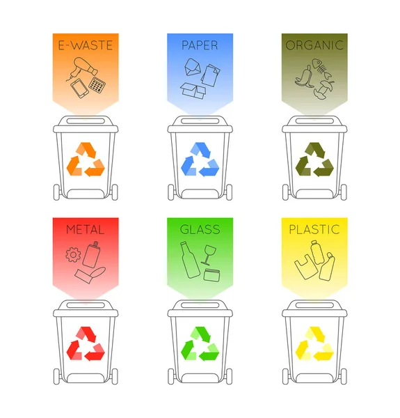 Pojemniki Śmieci Różnych Typów Zestaw Pojemników Śmieci Produktów Papierowych Odpadów — Wektor stockowy