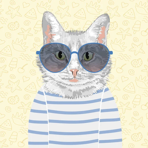 Retrato estilizado de un gato con gafas y suéter — Vector de stock