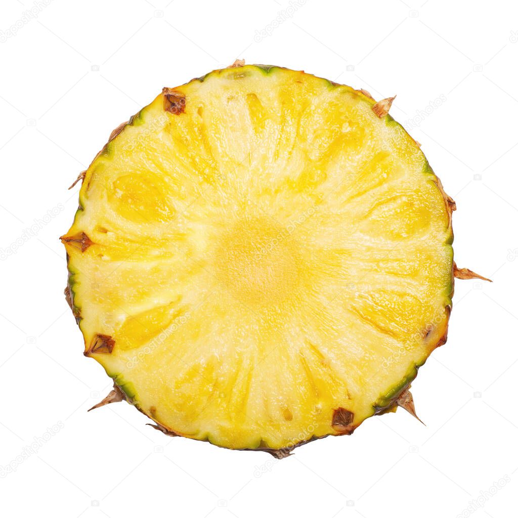 Fresh cut pineapple. Round slice isolated on white background. 