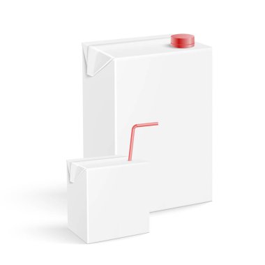 Meyve suyu ya da süt kutuları. Beyaz boş kağıt paketi gerçekçi şablonlar, maket için vektör şablonu. 