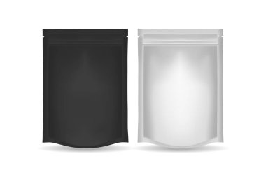 İki boş kesenin siyah rengi ve beyaz rengi. Ziplock Paketleme. Model için vektör şablonu. 