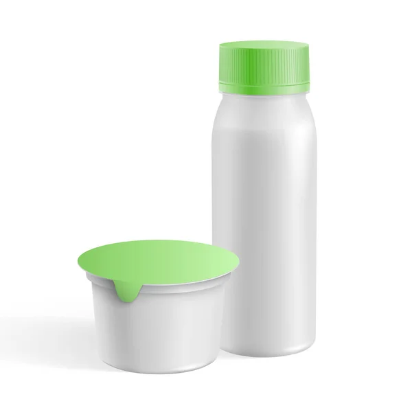 Белые Пустые Пластиковые Контейнеры Йогурта Зеленым Покрытием Упаковка Молока Векторный — стоковый вектор