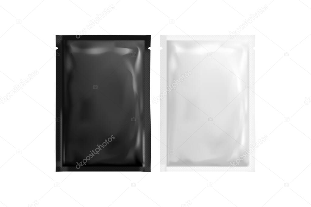 Two blank sachet packet black color and white color. Vector template for mock up. 