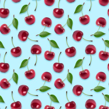 Mavi arka planda kusursuz olgun kiraz deseni.