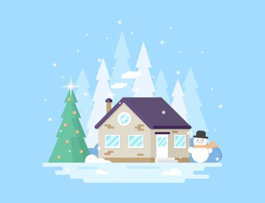 Noel ağacı ve kardan adam olan bir evi olan kış manzarası. Düz çizim.