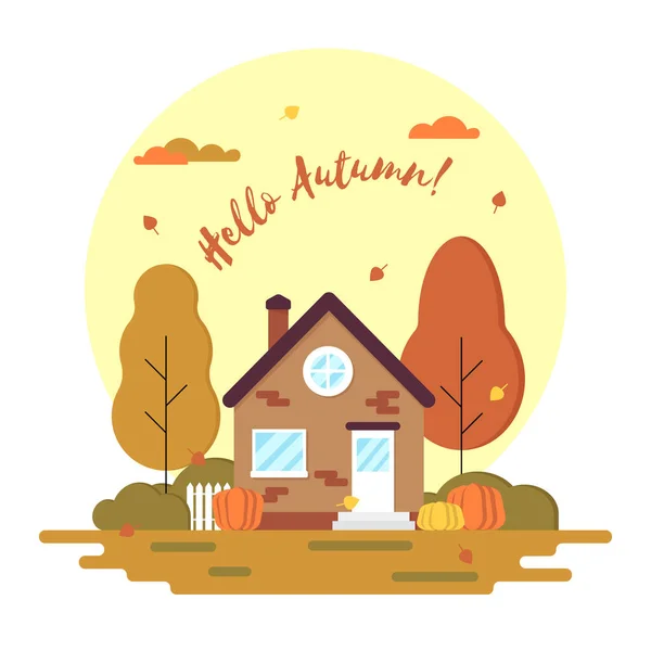 Bonjour Automne Image Une Maison Avec Des Arbres Des Citrouilles — Image vectorielle