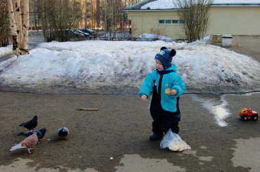 Mavi tulumlu bebek güvercinleri ekmekle besliyor