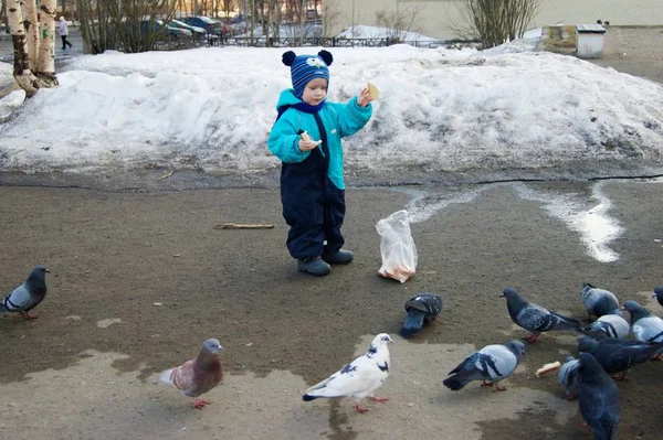 Mavi tulumlu bebek güvercinleri ekmekle besliyor