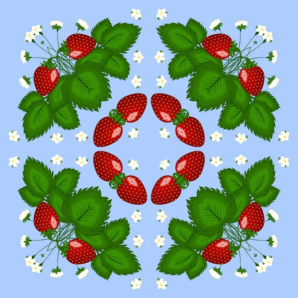 Figure, illustration. Bush strawberries with three red berries and white flowers.