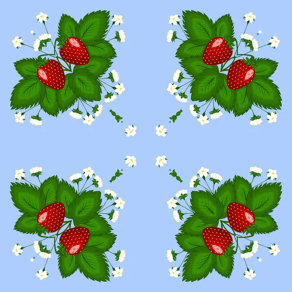 Figure, illustration. Bush strawberries with three red berries and white flowers.