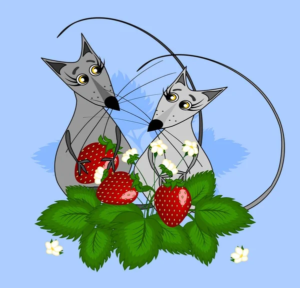 Dos ratones enamorados de una baya en sus patas están en arbustos de fresa. Ilustración sobre fondo azul . — Vector de stock