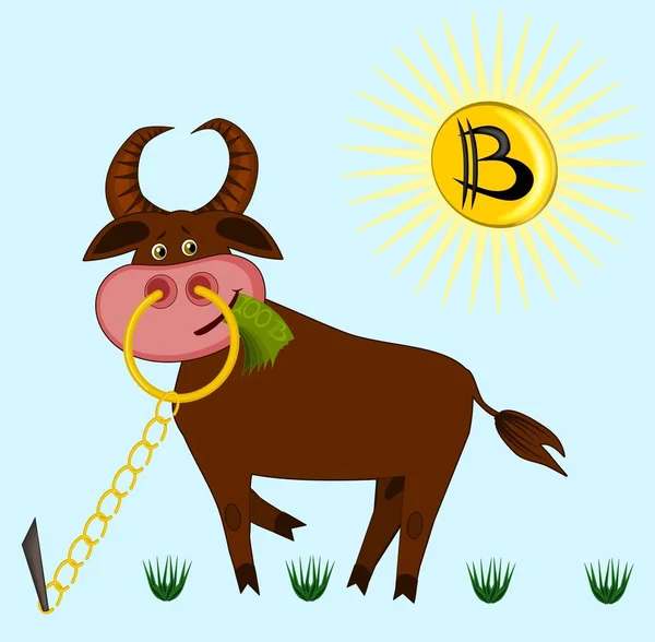 Un quadro scherzoso sul tema della criptovaluta - un toro sul prato sta masticando banconote, invece del sole nel cielo ha un bitcoin . — Vettoriale Stock