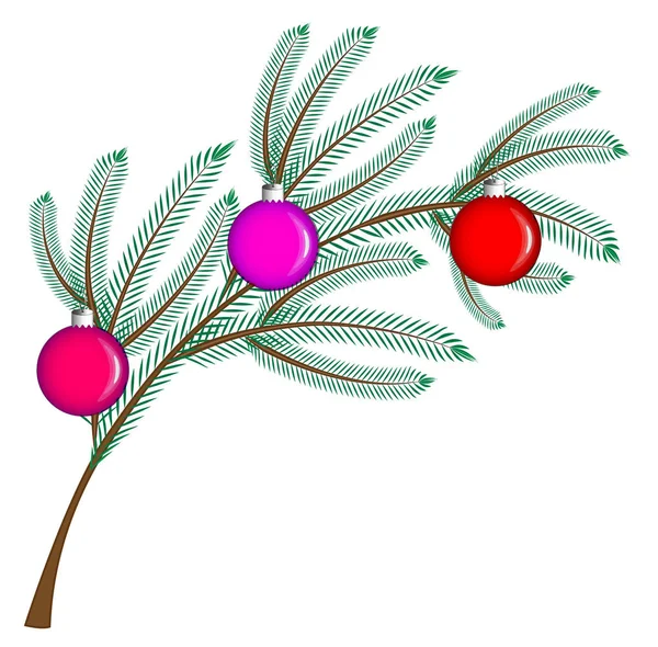 Año nuevo, Navidad, vacaciones. En la imagen hay una rama de abeto decorada con bolas de vidrio de colores sobre un fondo blanco . — Vector de stock