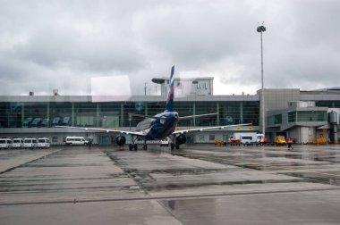 Uçak hedefine ulaştı ve havaalanı binalarının yakınındaki havaalanı üzerinde duruyor. Editoryal Fotoğraf