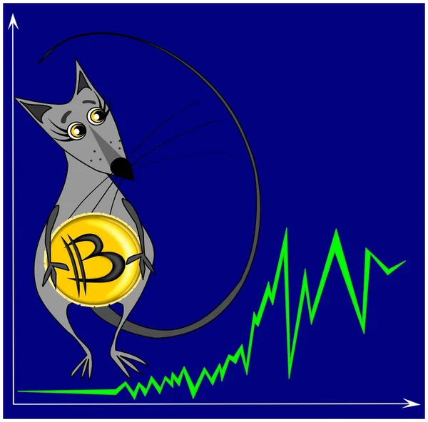 Un mouse o ratto sta sullo sfondo di un grafico di crescita bitcoin e tiene una moneta nelle sue mani, bitcoin sta crescendo, bitcoin sta cadendo, borse, criptovaluta, speculazione, vettore — Vettoriale Stock