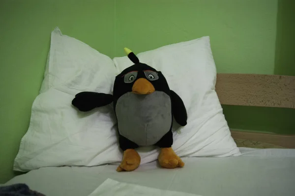 Buenas noches - pingüino de juguete suave en una almohada — Foto de Stock