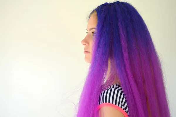 Bright Stylish Image Girl Blue Purple Hair Technique Hair Extensions — Stock Photo, Image