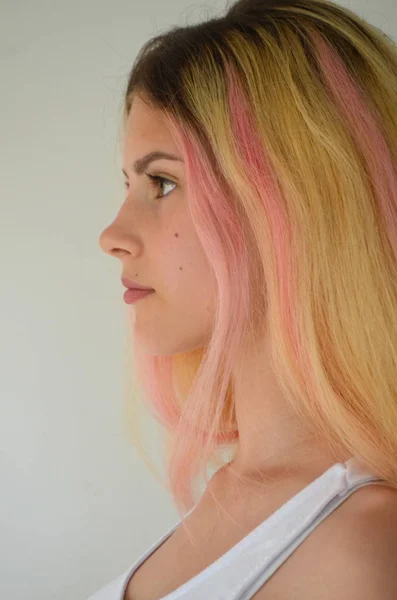 Gyönyörű Lány Hosszú Haját Festett Ombre Rózsaszín Zárak — Stock Fotó