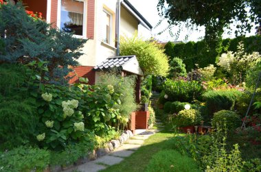 Peyzaj tasarımı, güzel bitki çalılar, çiçekler ve ağaçlar