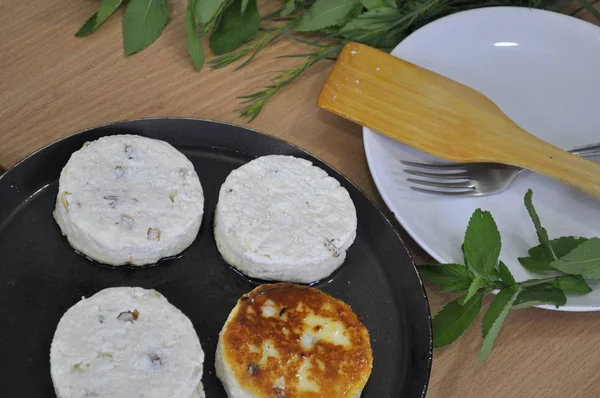 Kahvaltı Yemek Lezzetli Konsept Süzme Peynir Tava Içinde Cheesecake — Stok fotoğraf