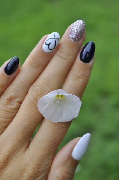 Manicure Black White Color Heart Nameless Romantic Style Hand Nails — Stock Photo, Image