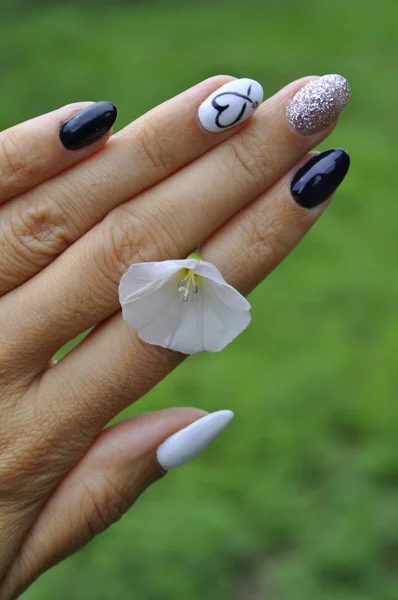 Manicure Black White Color Heart Nameless Romantic Style Hand Nails — Stock Photo, Image