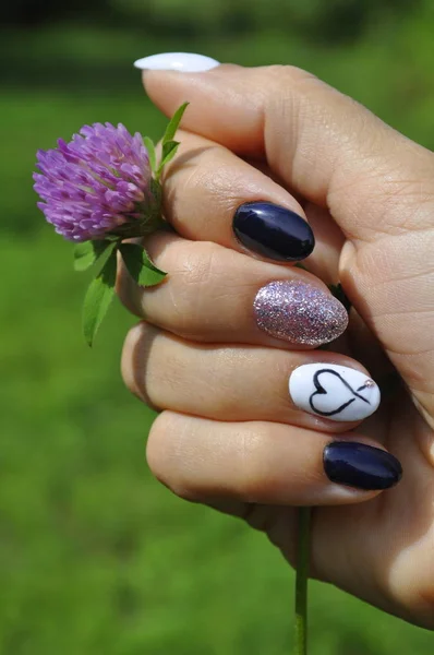 Manicure Black White Color Heart Nameless Romantic Style Hand Nails — Stock Photo, Image