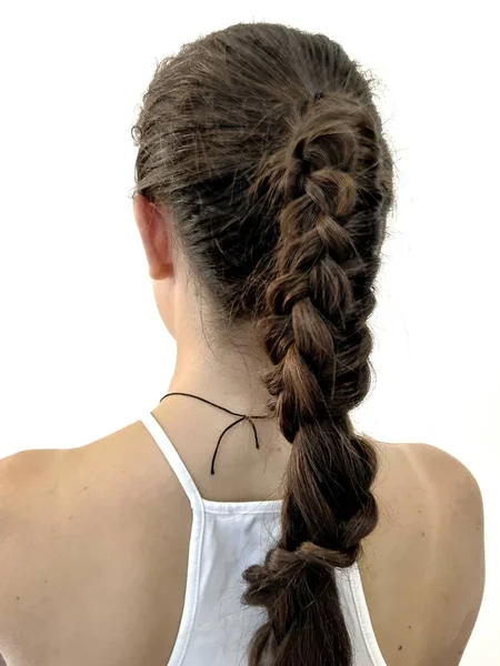 Hairstyle Long Hair Braiding Fishtail — Stock Photo, Image