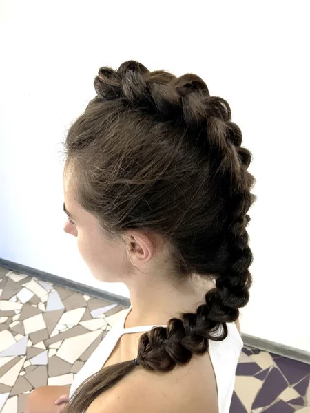 Penteado Cabelo Longo Trançando Rabo Peixe — Fotografia de Stock