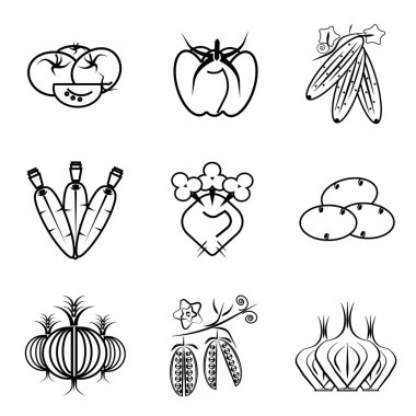 Sebzeli siyah ve beyaz vektör doğrusal simgeler.