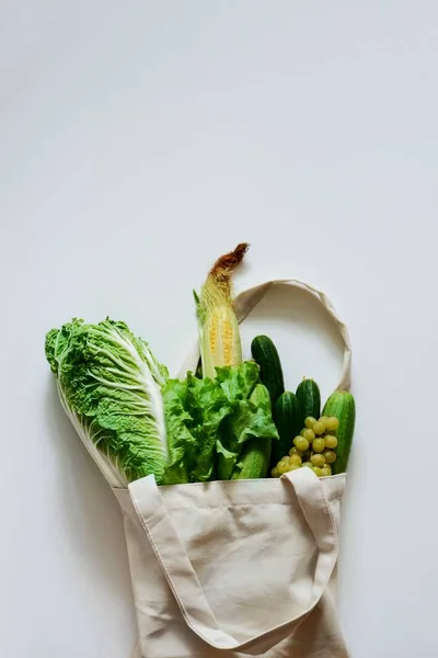 Frisches Bio Gemüse Und Obst Einem Öko Mehrwegbeutel Null Abfall — Stockfoto