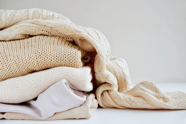 Warm Sweaters Pile Knitted Texture Minimalism Lifestyle Capsule Wardrobe Autumn — Stock Photo, Image