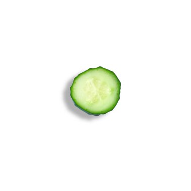 One slice closeup of fresh organic cucumber isolated on a white background. The concept of freshness, juiciness. Top view.