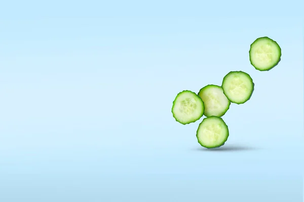 Five sliced slices of fresh cucumber closeup soar in the air casting a shadow on a blue background.Concept of flying vegetables, food levitation. Copy space for text.
