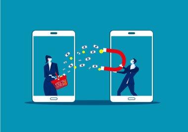 İş adamı büyük bir mıknatıs tutan ve mobil dükkandan para kar gelir çekiyor. İş başarısı