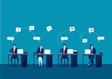 Müşteri hizmetleri ve destek konsepti ofisteki çağrı merkezi operatörlerinde dizüstü bilgisayarlarla ve kulaklıklarla çalışıyor. Vektör illüstrasyonu