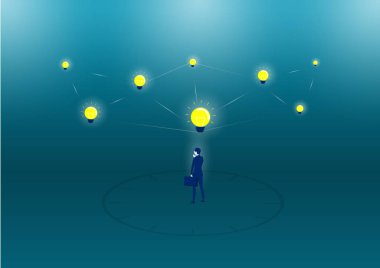 İş adamı ve ampul kabarcık düşünüyorum. Vektör illüstratör.