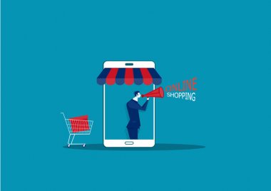 e-shop online mağaza internet mağazası tanıtım reklam tanıtım illüstrasyon ile akıllı telefon üzerinde iş adamı.