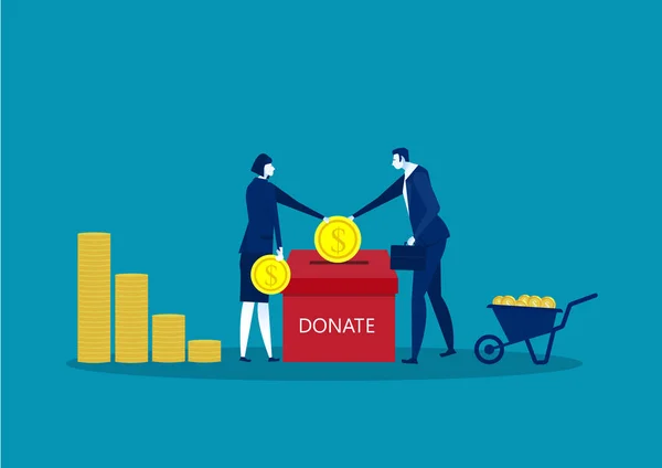 Två Företag Kastar Guldmynt Låda För Donationer Donera Pengar Vektor — Stock vektor