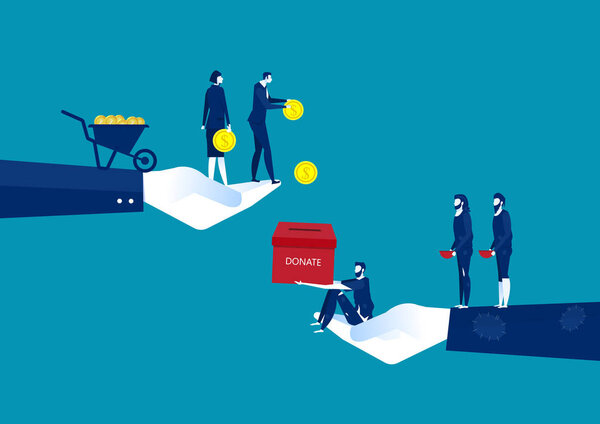 businessman donate with chest full of money giving one coin to humbled beggar or supplicant.