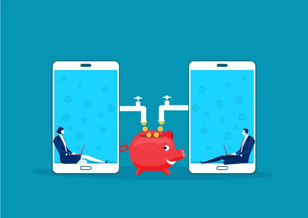 Deux Entreprises Assis Dans Portable Mobile Avec Des Pièces Monnaie — Image vectorielle
