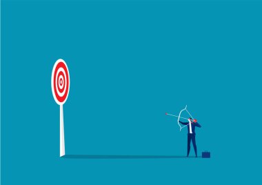 İş kadını konsept vektörü ile işadamı karakter okçuluğu hedefleri vuruyor
