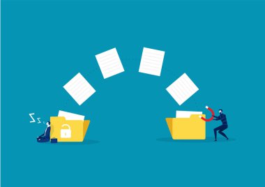  Uyuyan işadamı, hacker 'ın haberi olmadan belgeyi indirirken Suç Vektörü illüstrasyonunu, meçhul karakterleri